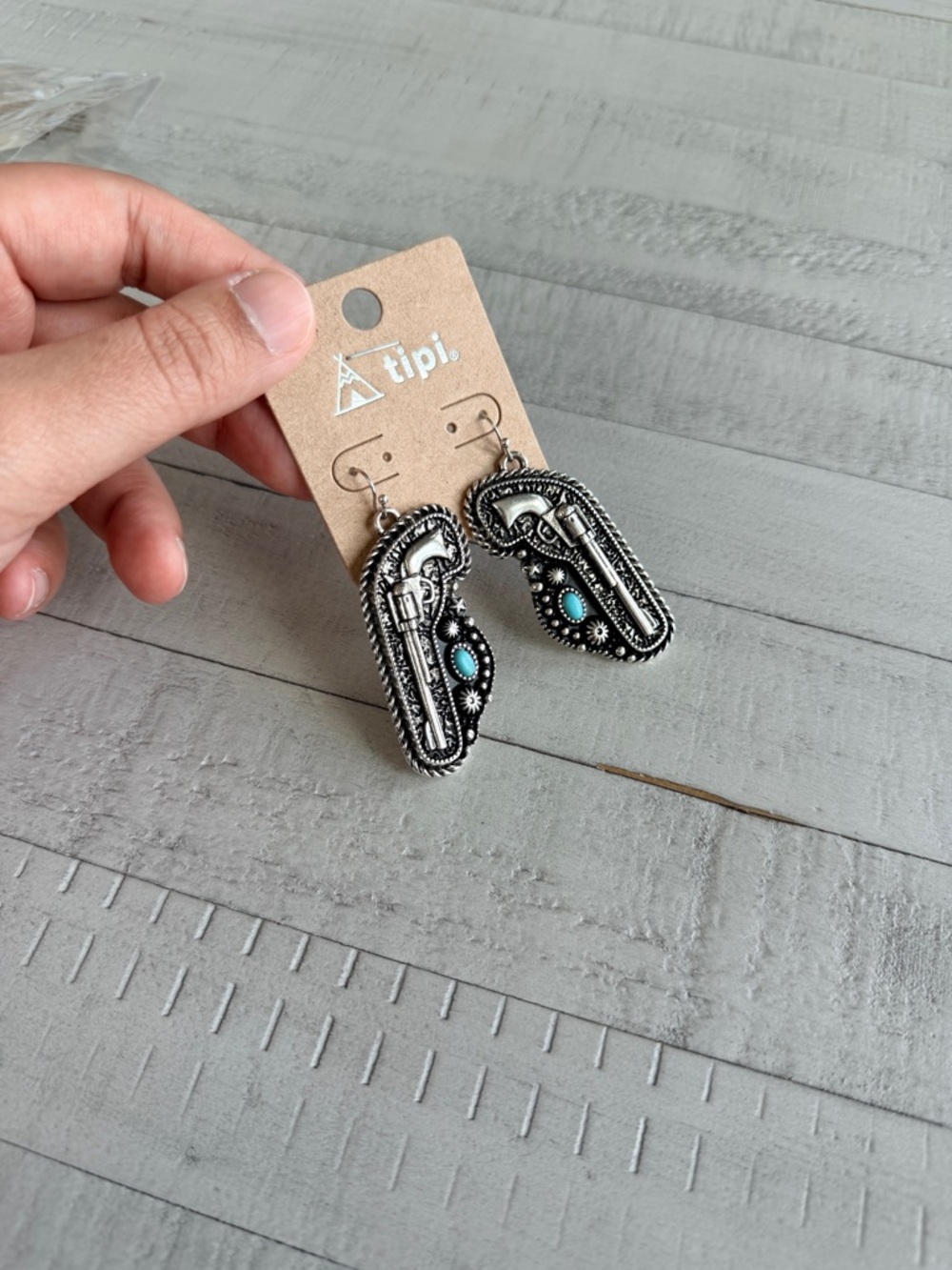 Tipi Silver Western Turquoise Pistol Earrings